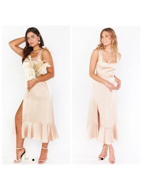 Nwot Show Me Your MuMu Claire Midi Dress In Champaigne Luxe Satin